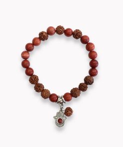 Kugelarmband Roter Jaspis mit Rudrakshaperlen und Fatimas Hand Charm