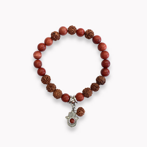 Kugelarmband Roter Jaspis mit Rudrakshaperlen und Fatimas Hand Charm