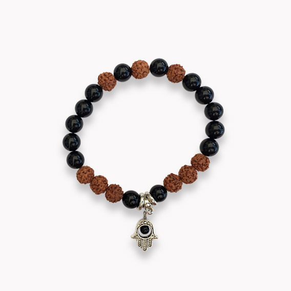 Kugelarmband Schwazer Achat mit Rudrakshaperlen und Fatimas Hand Charm