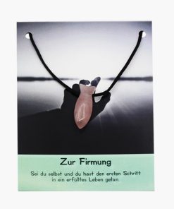 „Zur Firmung“ Rosenquarz Fisch Anhänger gebohrt auf großer Karte