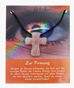 „Zur Firmung“ Pilgerkreuz Anhänger aus Rosenquarz auf großer Karte