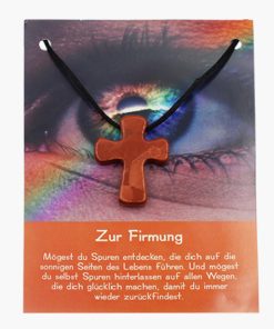 „Zur Firmung“ Pilgerkreuz Anhänger aus Jaspis rot auf großer Karte