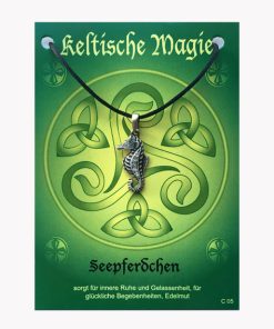 Anhänger Seepferdchen – Keltische Magie Amulett aus Zinn auf großer Karte mit Infoheft
