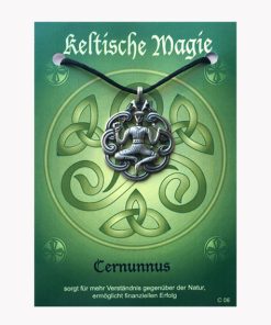 Anhänger Cernunnos – Keltische Magie Amulett aus Zinn auf großer Karte mit Infoheft