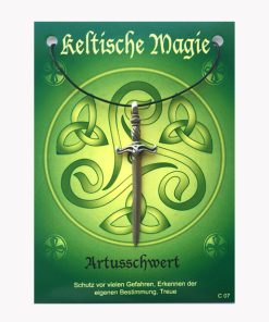 Anhänger Arthusschwert – Keltische Magie Amulett aus Zinn auf großer Karte mit Infoheft