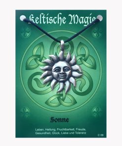 Anhänger Sonne – Keltische Magie Amulett aus Zinn auf großer Karte mit Infoheft