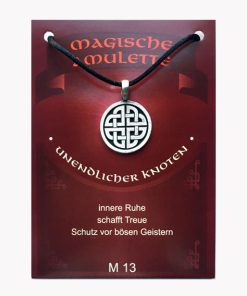 Anhänger Unendlicher Knoten – Magische Amulette aus Zinn auf großer Karte mit Infoheft