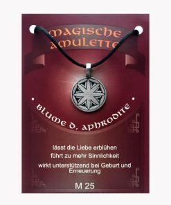Anhänger Blume der Aphrodite – Magische Amulette aus Zinn auf großer Karte mit Infoheft