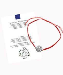 Glücksarmband Freundschaftsarmband mit Blume des Lebens klein mit geknüpftem Textilband rot mit Glückskarte