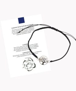 Glücksarmband Freundschaftsarmband mit Lebensbaum mit geknüpftem Textilband schwarz mit Glückskarte