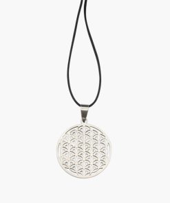 Anhänger Blume des Lebens groß aus Stainless Steel mit Lederband im Jutebeutel