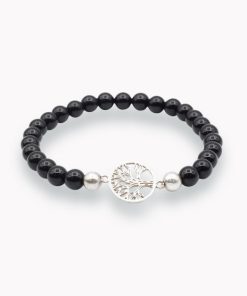 Schwarzer Achat Kugelarmband mit Lebensbaum silber