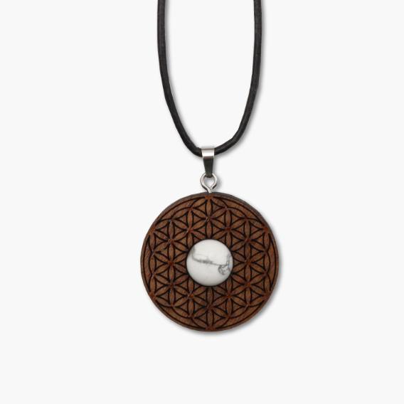 Holzanhänger Blume des Lebens mit Edelstein Howlith weiß