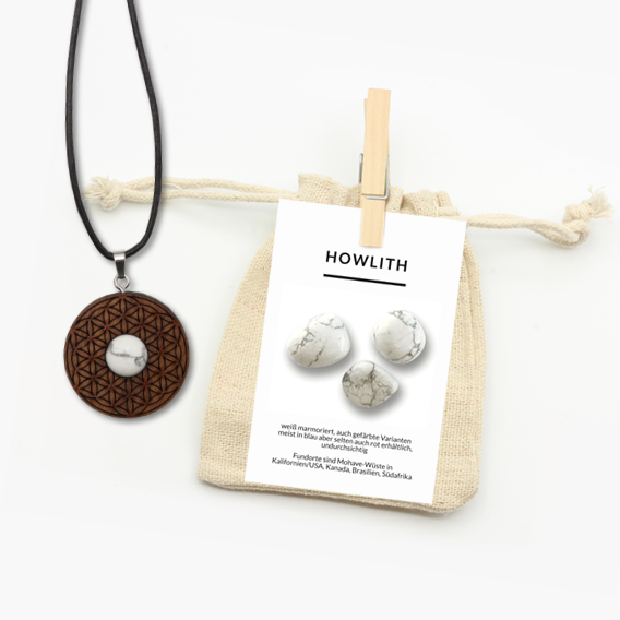 Holzanhänger Blume des Lebens mit Edelstein Howlith weiß – Bild 2