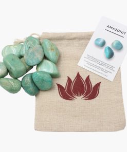 Amazonit Trommelsteine Set im Jutebeutel mit Lotusblume und Beschreibungskarte min. 200g